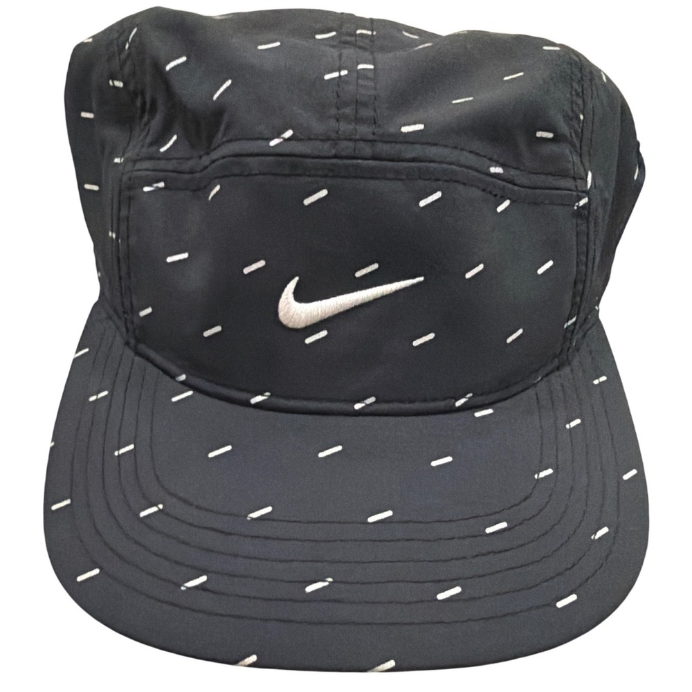 Nike AW84 5 Panel Running Hat Black White Dash Pattern Adjustable Swoosh Cap
